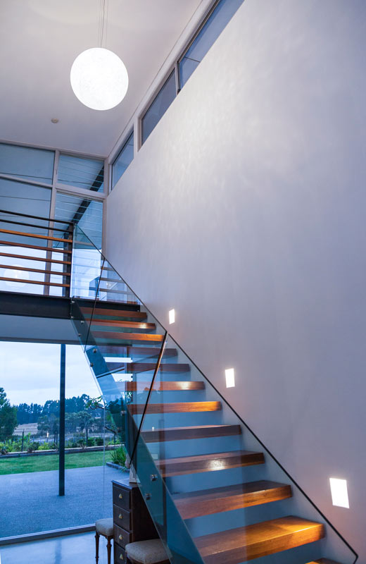 Contemporary Eco House entry staircase for home in Yallingup by architect, Threadgold Architecture, Perth and Busselton.